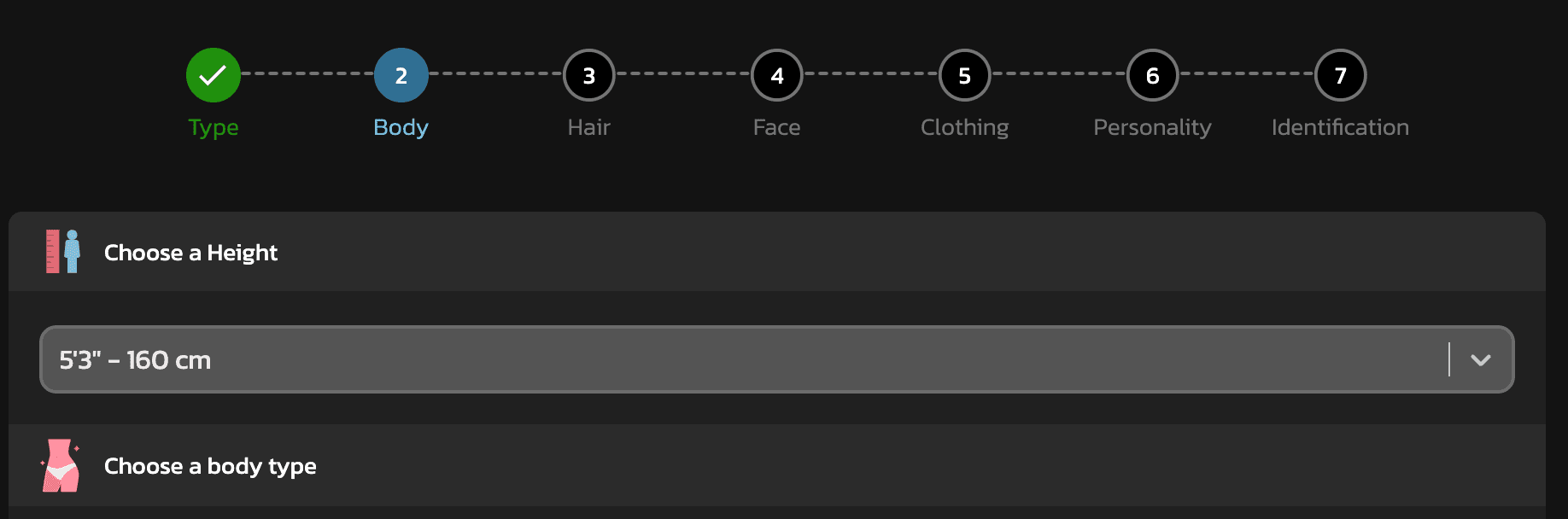 Step 2 of creating AI Girlfriend with Kupid AI: The user need to choose the physical attributes of his AI model
