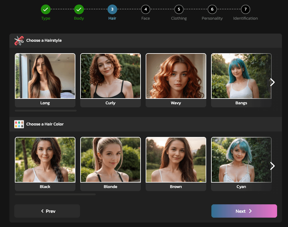 Step 3 of creating AI Girlfriend with Kupid AI: The user need to choose the hair style of his AI model