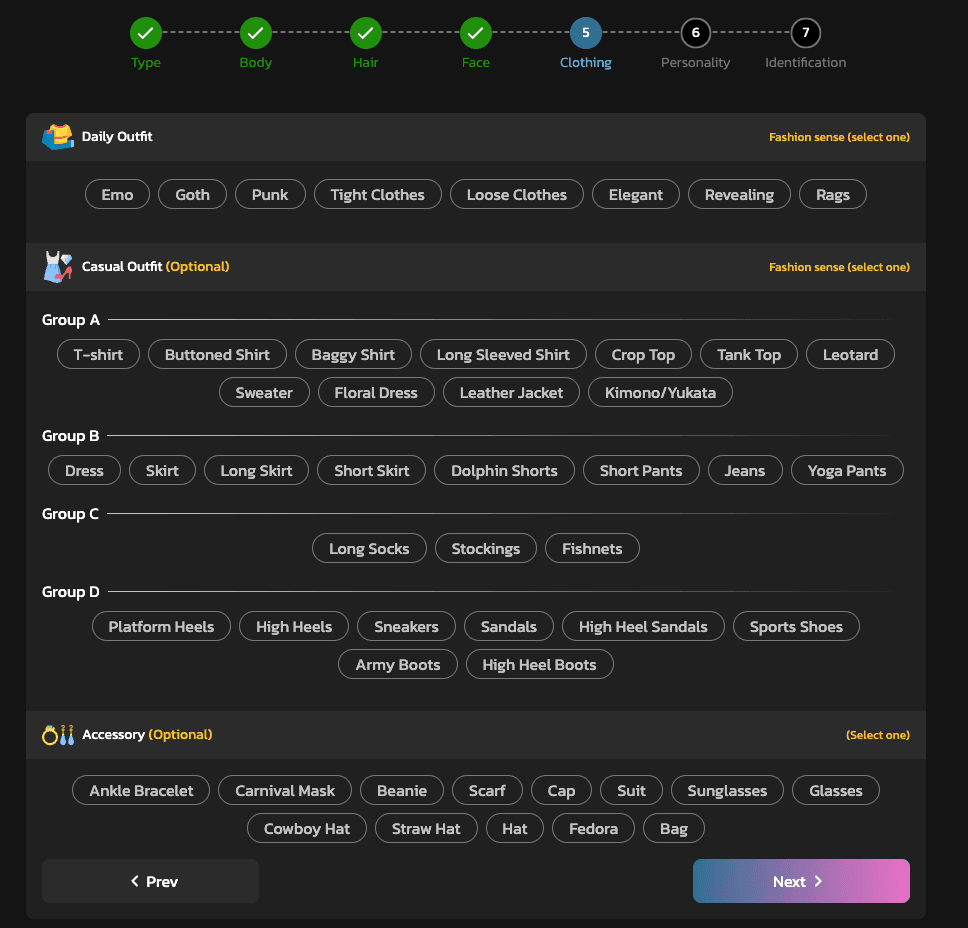 Step 5 of creating AI Girlfriend with Kupid AI: The user need to choose the clothings and accessories of his AI model