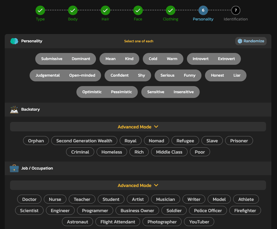Step 6 of creating AI Girlfriend with Kupid AI: The user need to choose the personality of his AI model