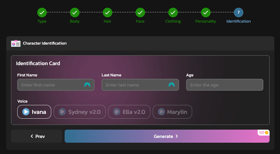 Last step of creating AI Girlfriend with kupid AI: The user need to choose the First Name, the Last Name, the Age and the voice of his AI model